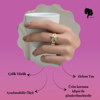 Ayarlanabilir Yıldız Model Zirkon Taşlı Gold Renk Çelik Yüzük - 1771