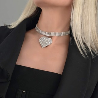 Sallantılı Kalp Model Rhinestone Choker Tasma Model Gümüş Renk Kolye- 1390