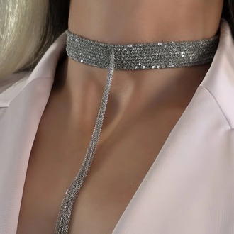 8 Sıralı Zincir Dokuma Sallantılı Vücut Tasma Choker Silver Renk El Yapımı Kolye - 1707