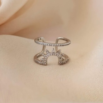 Güneş İki Sıralı Taşlı Model Ayarlanabilir Silver Gümüş Renkli Yüzük - 1640
