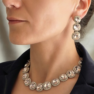 Riviere Kristal Taşlı Çiçek Model Pembe Renkli Kolye Küpe Set - 1864
