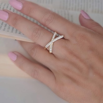 Çarpı X Asimetrik Model Zirkon Taşlı Ayarlanabilir Gold ve Silver Gümüş Renkli Yüzük- 1674