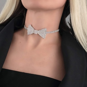 Papyon Model Rhinestone Choker Tasma Model Gümüş Renk Kolye- 1388