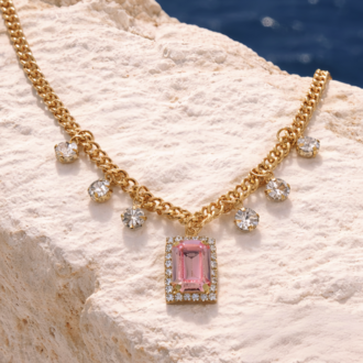 Baget Model Zirkon Taşlı Gold Pembe Renkli Çelik Kolye - 1859