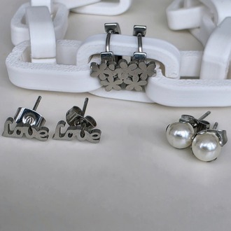 6'lı Yonca İnci Love Figürlü Silver Renkli Küpe Seti - 1741