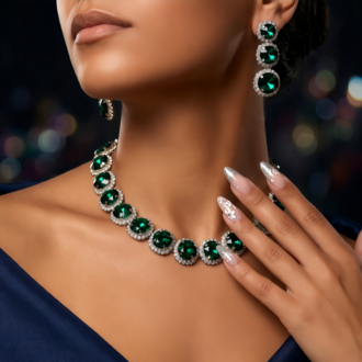 Riviere Kristal Taşlı Çiçek Model Yeşil Renkli Kolye Küpe Set - 1865