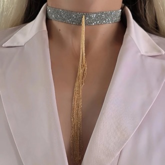 8 Sıralı Zincir Dokuma Sallantılı Vücut Tasma Choker Gümüş Gold Renk El Yapımı Kolye- 1709