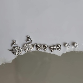 6'lı Kuğu Fiyonk Model Minima Gümüş Silver Renkli Küpe Seti- 1551