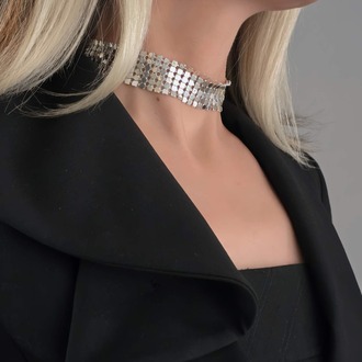 Arpa Pul Payet Zırh Metal Model Gümüş Choker Kolye - 1395