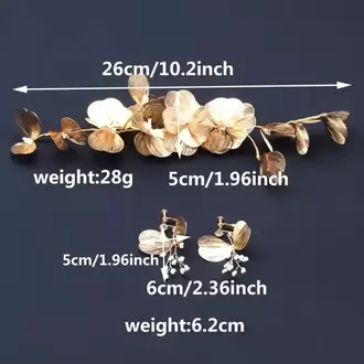 Gold Çiçekli Gelin Saç Aksesuar Seti Ve Çiçekli Bir Çift Küpe