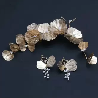 Gold Çiçekli Gelin Saç Aksesuar Seti Ve Çiçekli Bir Çift Küpe