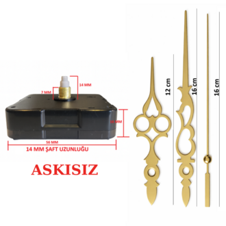 Askısız 14 mm Şaft Akar Sessiz Duvar Saati Mekanizması -Metal akrep-yelkovan-saniye