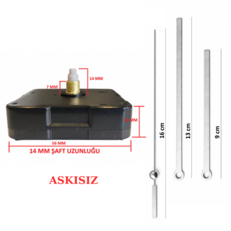 Askısız 14 mm Şaft Akar Sessiz Duvar Saati Mekanizması -Metal akrep-yelkovan-saniye
