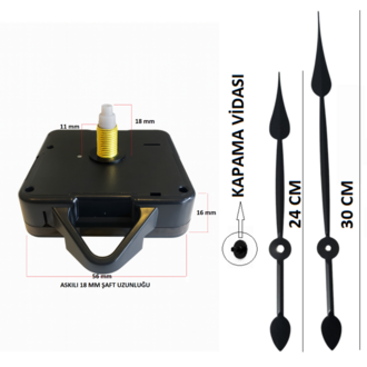 Askılı 18 mm Şaft  Akar Sessiz Duvar Saati Mekanizması -Metal akrep-yelkovan-saniye