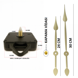 Askılı 16 mm Şaft Akar Sessiz Duvar Saati Mekanizması -Metal akrep-yelkovan-saniye
