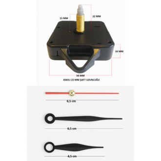 Askılı 22 mm Şaft Akar Sessiz Duvar Saati Mekanizması -Metal akrep-yelkovan-saniye