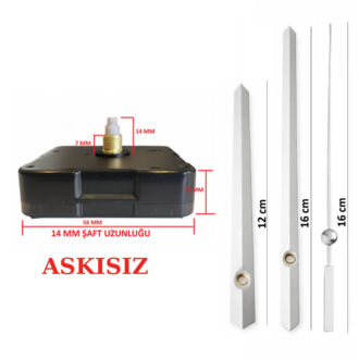 Askısız 14 mm Şaft  Akar Sessiz Duvar Saati Mekanizması -Metal akrep-yelkovan-saniye