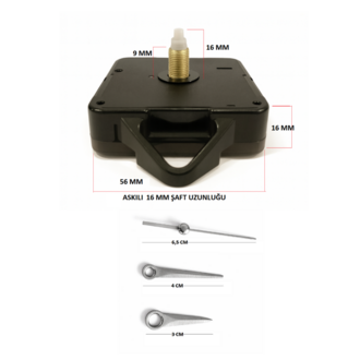 Askılı 16 mm Şaft Akar Sessiz Duvar Saati Mekanizması -Metal akrep-yelkovan-saniye
