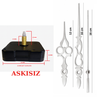 Askısız 22 mm Şaft Akar Sessiz Duvar Saati Mekanizması -Metal akrep-yelkovan-saniye