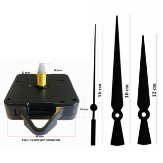 Askılı 18 mm Şaft Akar Sessiz Duvar Saati Mekanizması -Metal akrep-yelkovan-saniye
