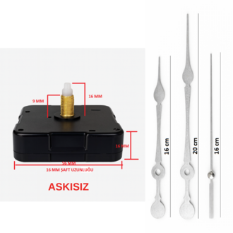 Askısız 16 mm Şaft Akar Sessiz Duvar Saati Mekanizması -Metal akrep-yelkovan-saniye