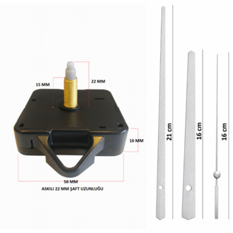 Askılı 22 mm Şaft Akar Sessiz Duvar Saati Mekanizması -Metal akrep-yelkovan-saniye