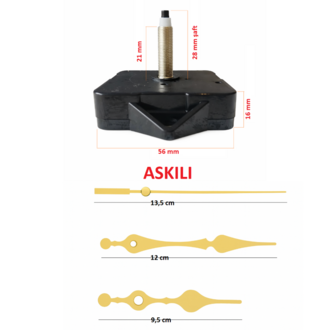 Askılı 28 mm Şaft  Akar Sessiz Duvar Saati Mekanizması -Metal akrep-yelkovan-saniye