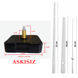 Askısız 22 mm Şaft Akar Sessiz Duvar Saati Mekanizması -Metal akrep-yelkovan-saniye