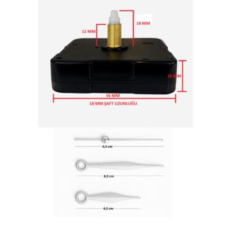 Askısız 18 mm Şaft Akar Sessiz Duvar Saati Mekanizması -Metal akrep-yelkovan-saniye