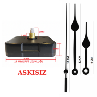 Askısız 14 mm Şaft Akar Sessiz Duvar Saati Mekanizması -Metal akrep-yelkovan-saniye