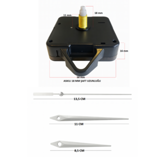 Askılı 18 mm Şaft Akar Sessiz Duvar Saati Mekanizması -Metal akrep-yelkovan-saniye