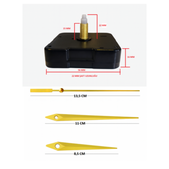 Askısız 22 mm Şaft  Akar Sessiz Duvar Saati Mekanizması -Metal akrep-yelkovan-saniye