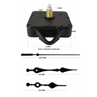 Askılı 14 mm Şaft Akar Sessiz Duvar Saati Mekanizması -Metal akrep-yelkovan-saniye