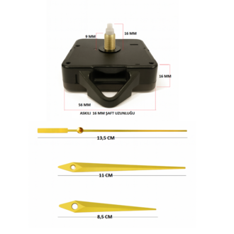 Askılı 16 mm Şaft  Akar Sessiz Duvar Saati Mekanizması -Metal akrep-yelkovan-saniye