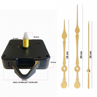 Askılı 18 mm Şaft Akar Sessiz Duvar Saati Mekanizması -Metal akrep-yelkovan-saniye