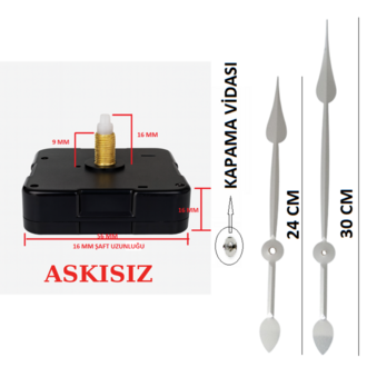 Askısız 16 mm Şaft Akar Sessiz Duvar Saati Mekanizması -Metal akrep-yelkovan-saniye