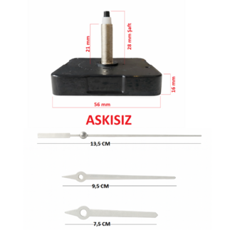 Askısız 28 mm Şaft  Akar Sessiz Duvar Saati Mekanizması -Metal akrep-yelkovan-saniye