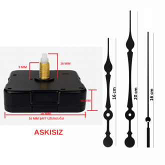 Askısız 16 mm Şaft Akar Sessiz Duvar Saati Mekanizması -Metal akrep-yelkovan-saniye