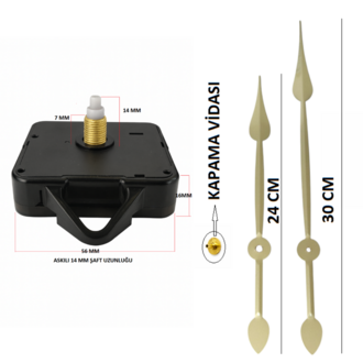 Askılı 14 mm Şaft Akar Sessiz Duvar Saati Mekanizması -Metal akrep-yelkovan-saniye