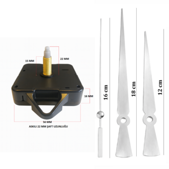 Askılı 22 mm Şaft  Akar Sessiz Duvar Saati Mekanizması -Metal akrep-yelkovan-saniye