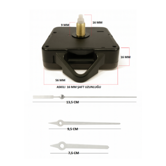 Askılı 16 mm Şaft Akar Sessiz Duvar Saati Mekanizması -Metal akrep-yelkovan-saniye