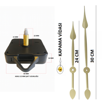 Askılı 22 mm Şaft Akar Sessiz Duvar Saati Mekanizması -Metal akrep-yelkovan-saniye