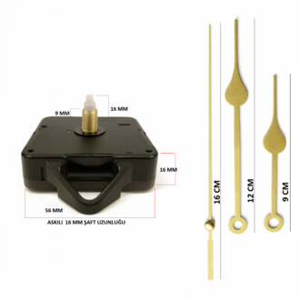 Askılı 16 mm Şaft Akar Sessiz Duvar Saati Mekanizması -Metal akrep-yelkovan-saniye