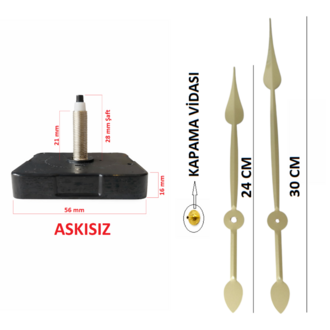 Askısız 28 mm Şaft  Akar Sessiz Duvar Saati Mekanizması -Metal akrep-yelkovan-saniye