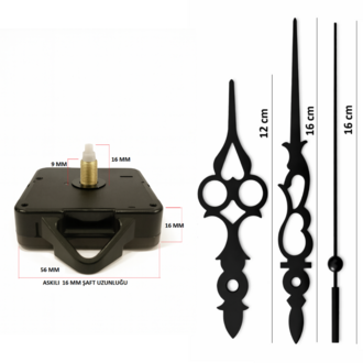 Askılı 16 mm Şaft  Akar Sessiz Duvar Saati Mekanizması -Metal akrep-yelkovan-saniye