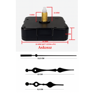 Askısız 16 mm Şaft Akar Sessiz Duvar Saati Mekanizması -Metal akrep-yelkovan-saniye