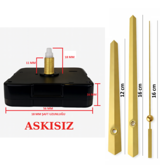 Askısız 18 mm Şaft  Akar Sessiz Duvar Saati Mekanizması -Metal akrep-yelkovan-saniye