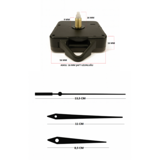 Askılı 16 mm Şaft  Akar Sessiz Duvar Saati Mekanizması -Metal akrep-yelkovan-saniye