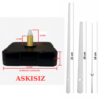 Askısız 18 mm Şaft Akar Sessiz Duvar Saati Mekanizması -Metal akrep-yelkovan-saniye