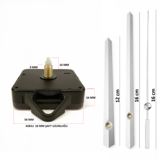 Askılı 16 mm Şaft  Akar Sessiz Duvar Saati Mekanizması -Metal akrep-yelkovan-saniye